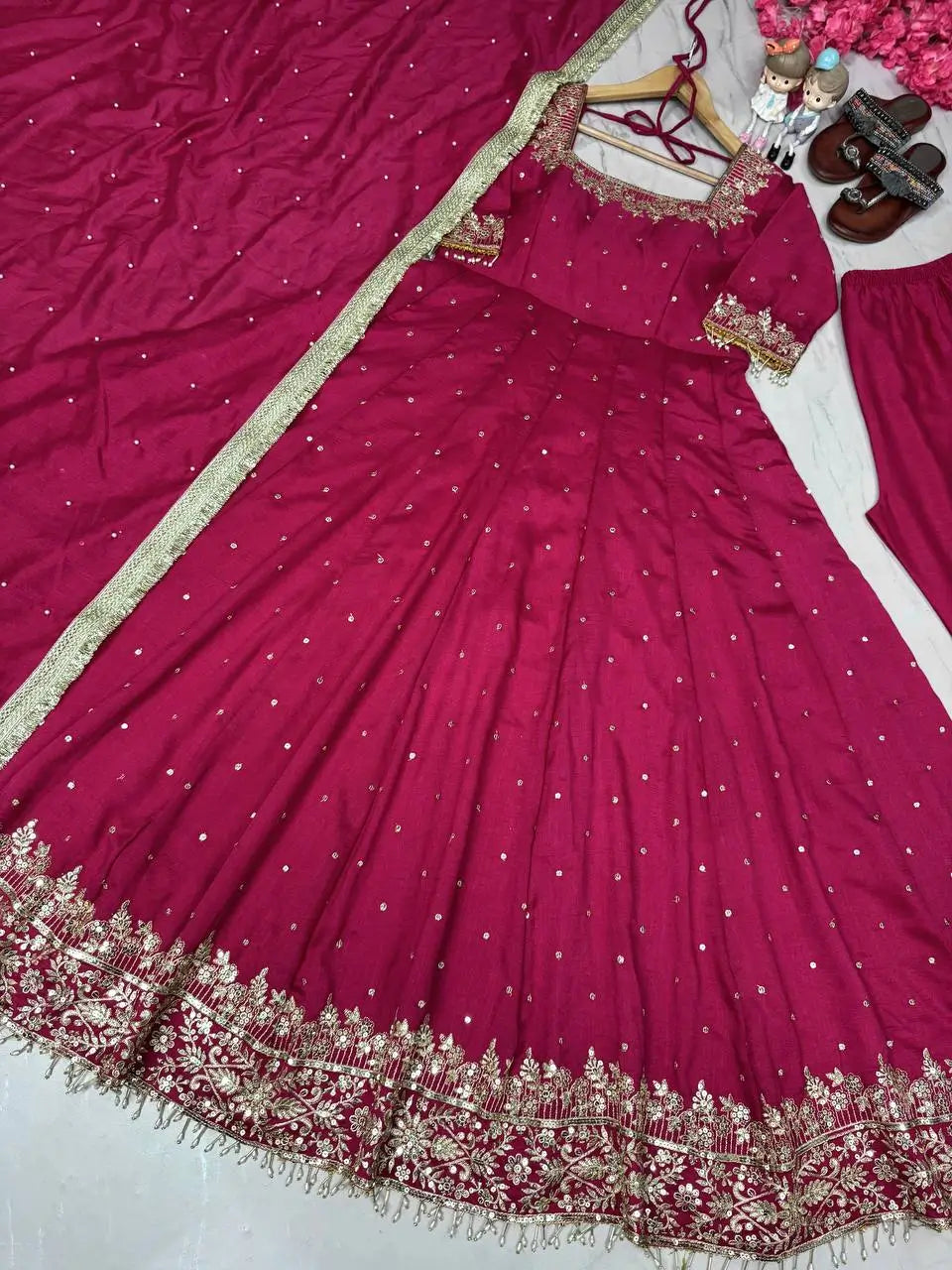 Heavy Vichitra Silk Embroidered Anarkali Gown with Palazzo & Dupatta – Festive Ethnic Wear