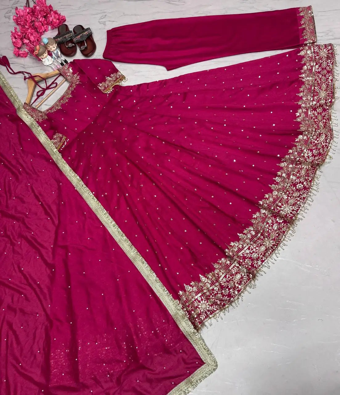 Heavy Vichitra Silk Embroidered Anarkali Gown with Palazzo & Dupatta – Festive Ethnic Wear