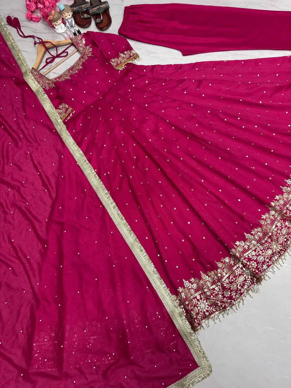 Heavy Vichitra Silk Embroidered Anarkali Gown with Palazzo & Dupatta – Festive Ethnic Wear