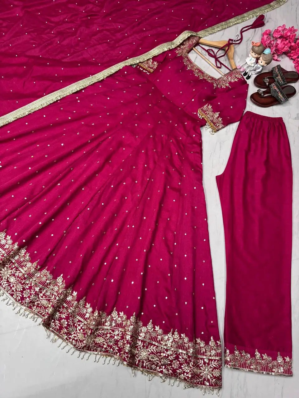 Heavy Vichitra Silk Embroidered Anarkali Gown with Palazzo & Dupatta – Festive Ethnic Wear