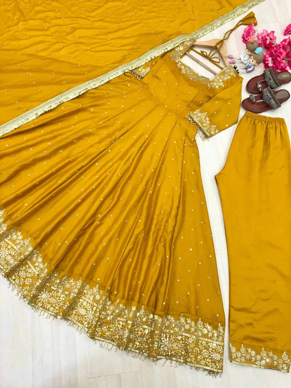 Heavy Vichitra Silk Embroidered Anarkali Gown with Palazzo & Dupatta – Festive Ethnic Wear