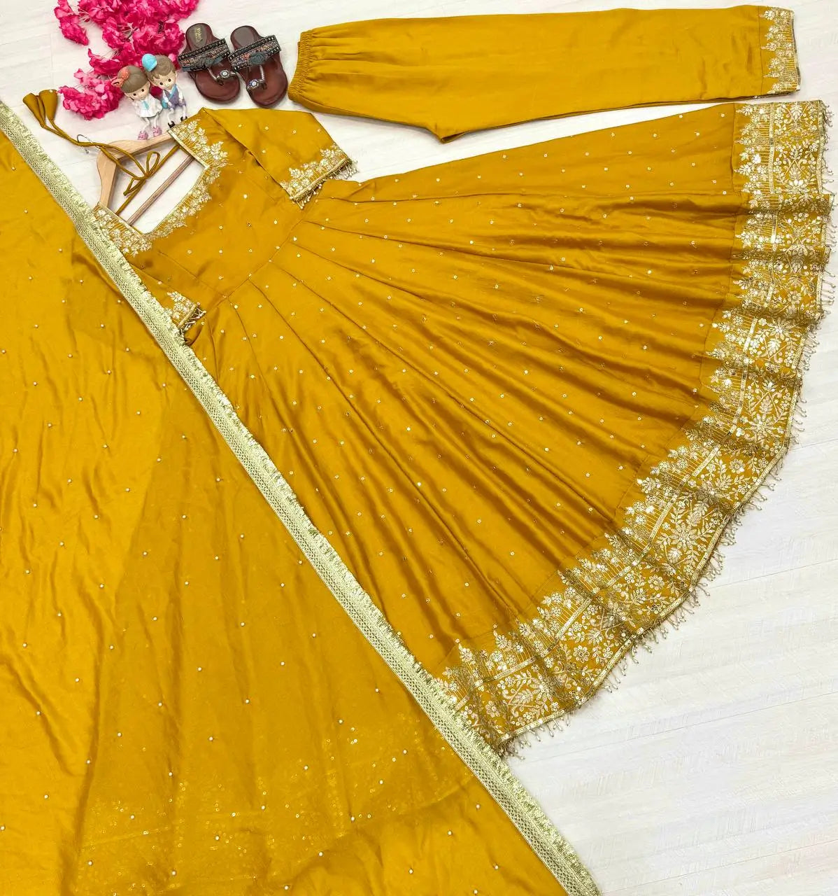 Heavy Vichitra Silk Embroidered Anarkali Gown with Palazzo & Dupatta – Festive Ethnic Wear