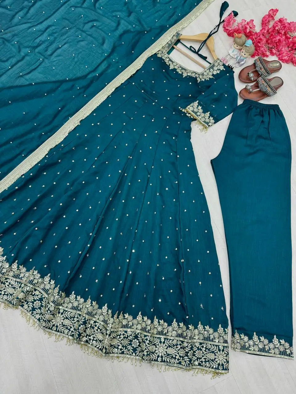 Heavy Vichitra Silk Embroidered Anarkali Gown with Palazzo & Dupatta – Festive Ethnic Wear