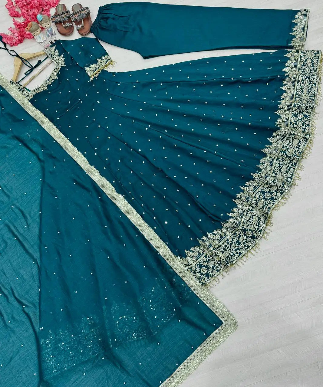 Heavy Vichitra Silk Embroidered Anarkali Gown with Palazzo & Dupatta – Festive Ethnic Wear