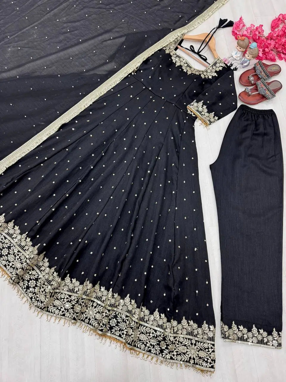 Heavy Vichitra Silk Embroidered Anarkali Gown with Palazzo & Dupatta – Festive Ethnic Wear
