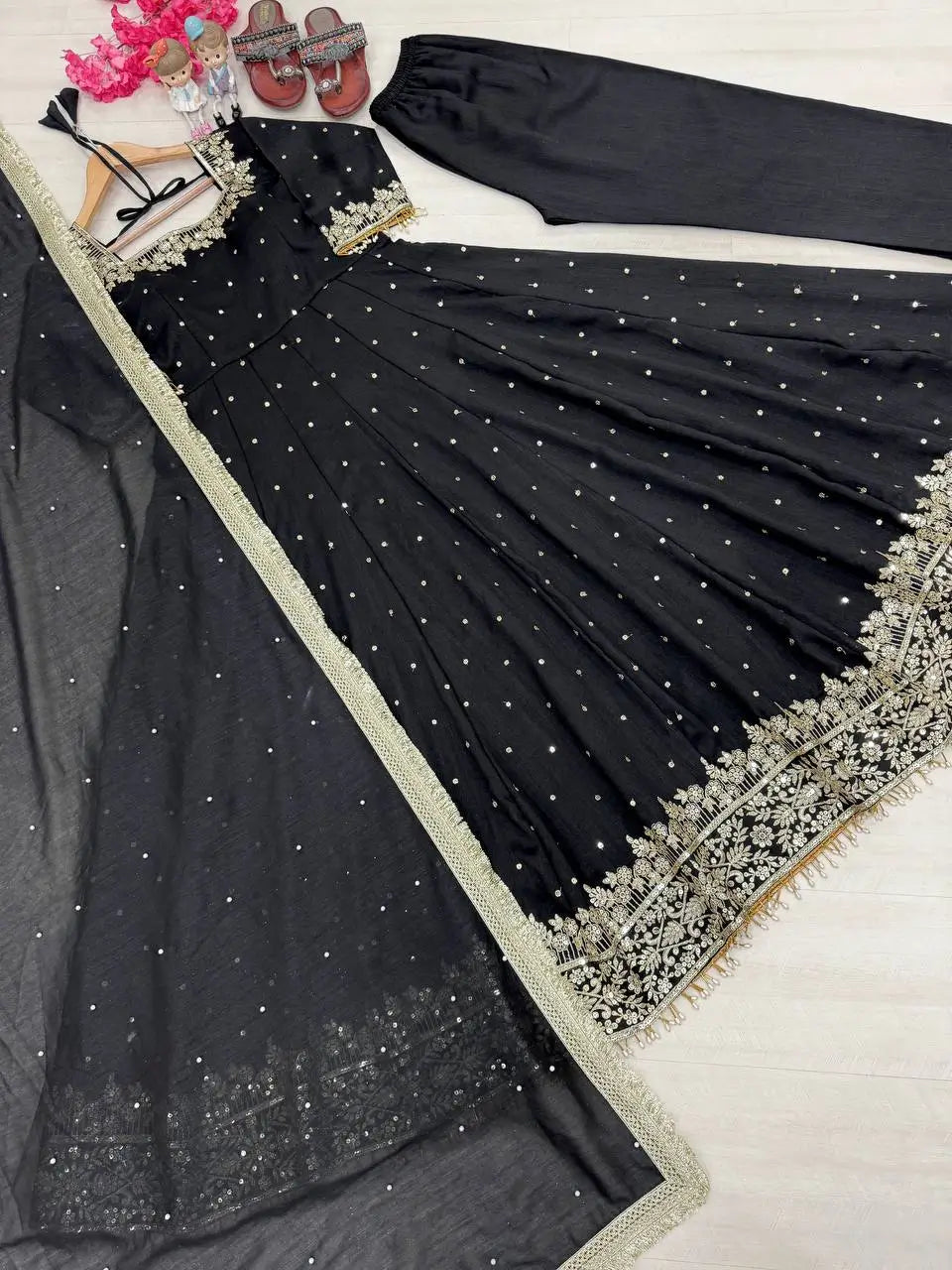 Heavy Vichitra Silk Embroidered Anarkali Gown with Palazzo & Dupatta – Festive Ethnic Wear