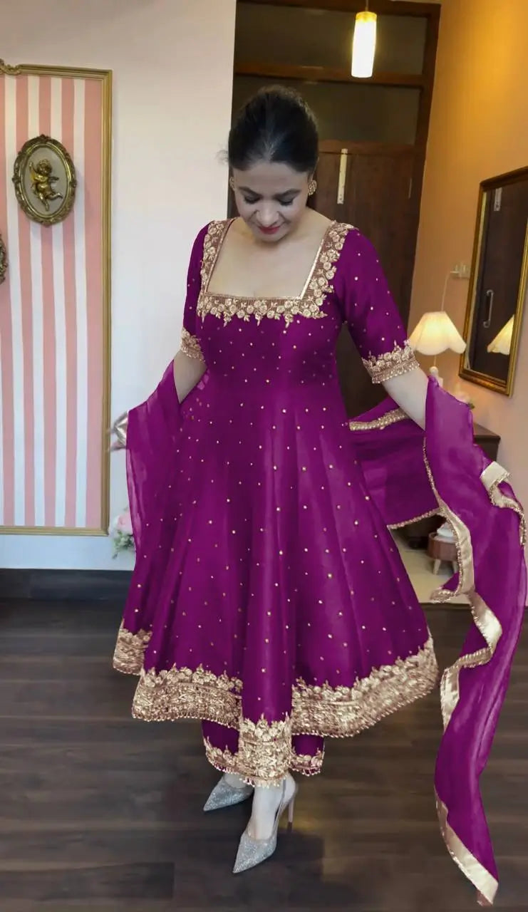 Heavy Vichitra Silk Embroidered Anarkali Gown with Palazzo & Dupatta – Festive Ethnic Wear