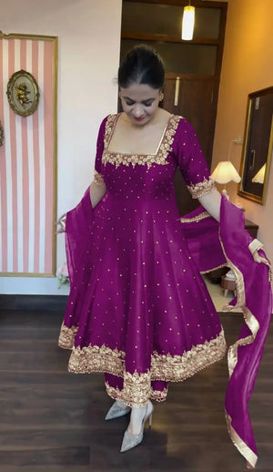 Heavy Vichitra Silk Embroidered Anarkali Gown with Palazzo & Dupatta – Festive Ethnic Wear