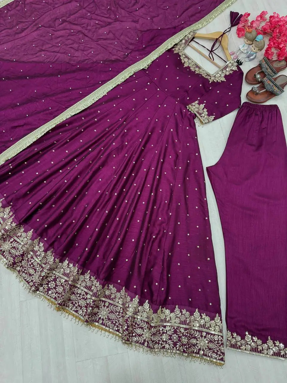 Heavy Vichitra Silk Embroidered Anarkali Gown with Palazzo & Dupatta – Festive Ethnic Wear