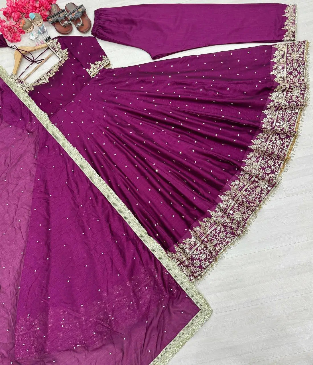 Heavy Vichitra Silk Embroidered Anarkali Gown with Palazzo & Dupatta – Festive Ethnic Wear