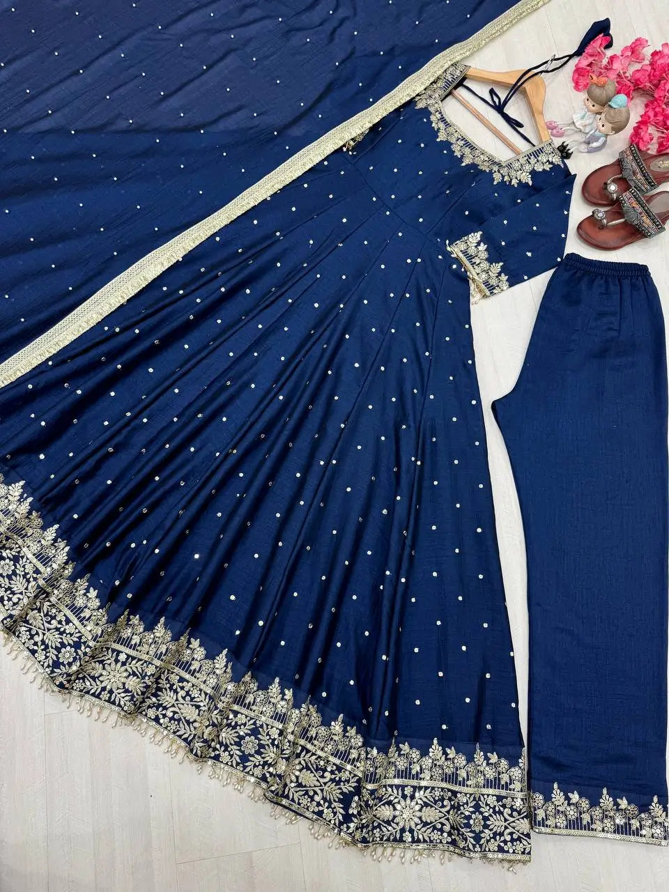 Heavy Vichitra Silk Embroidered Anarkali Gown with Palazzo & Dupatta – Festive Ethnic Wear