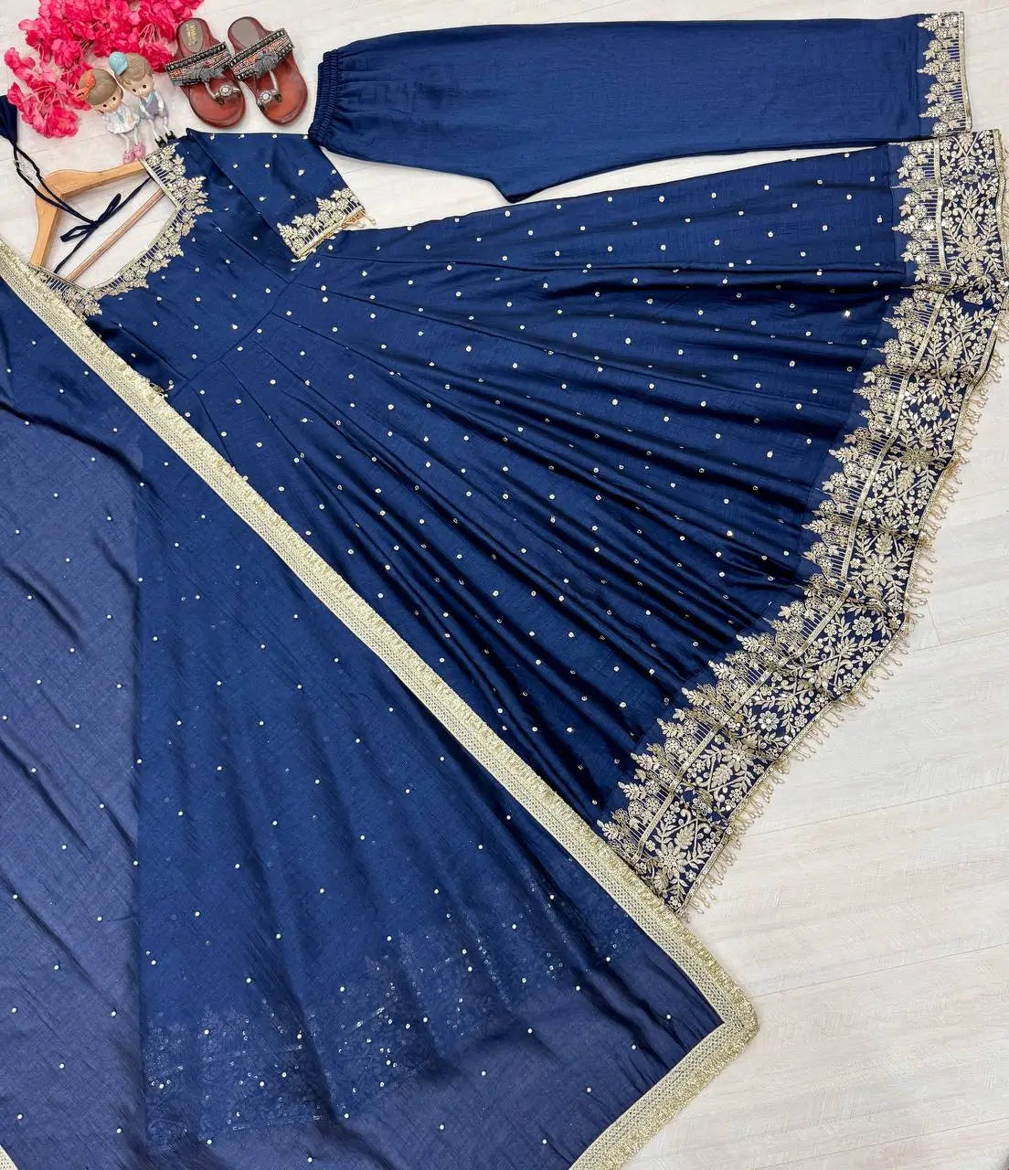 Heavy Vichitra Silk Embroidered Anarkali Gown with Palazzo & Dupatta – Festive Ethnic Wear