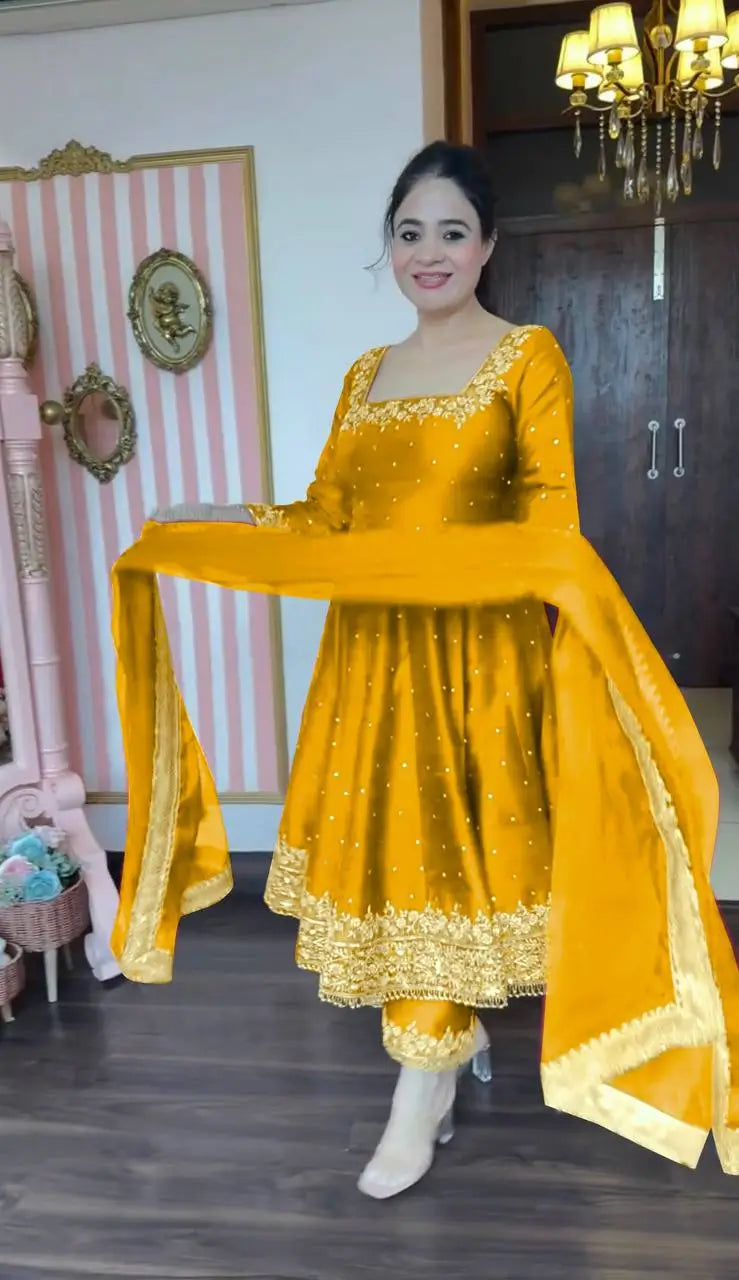 Heavy Vichitra Silk Embroidered Anarkali Gown with Palazzo & Dupatta – Festive Ethnic Wear