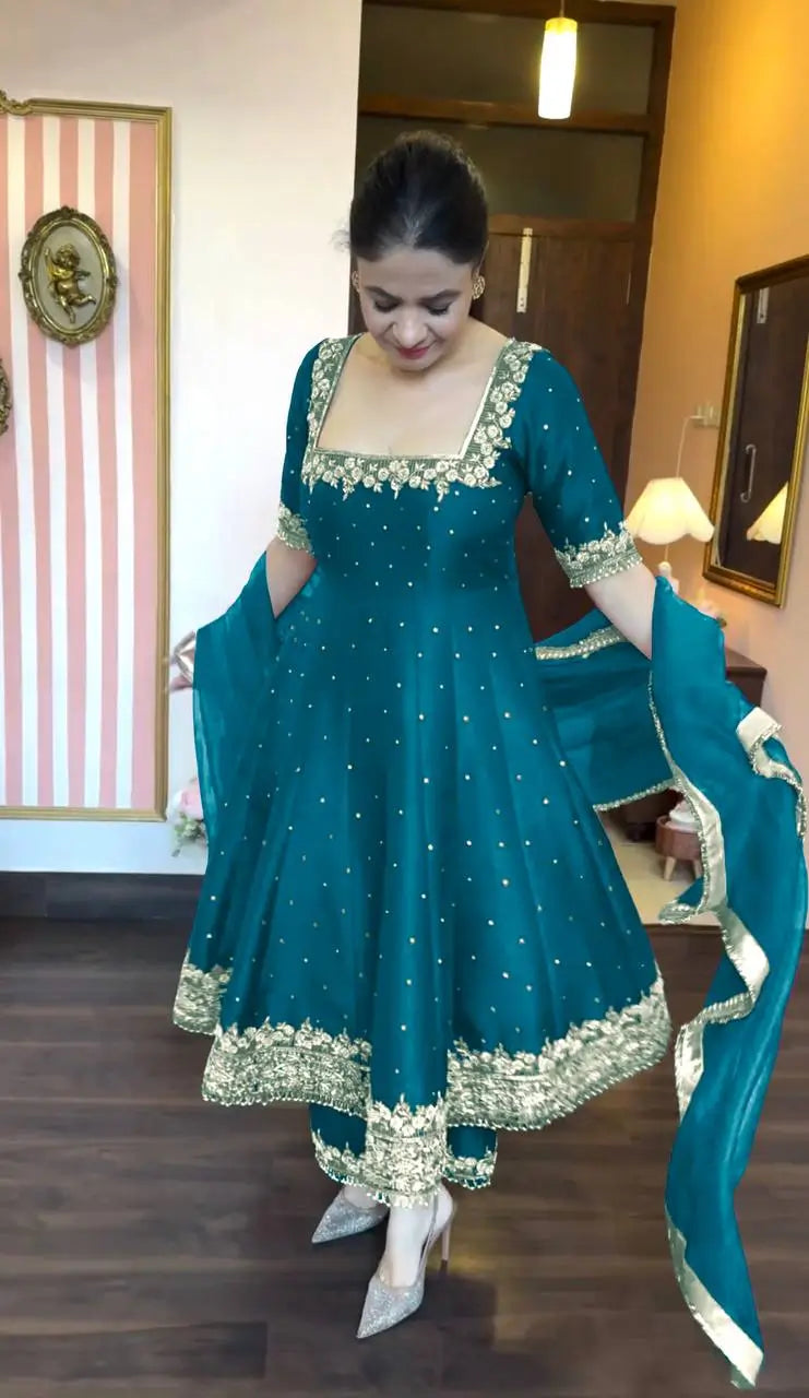 Heavy Vichitra Silk Embroidered Anarkali Gown with Palazzo & Dupatta – Festive Ethnic Wear