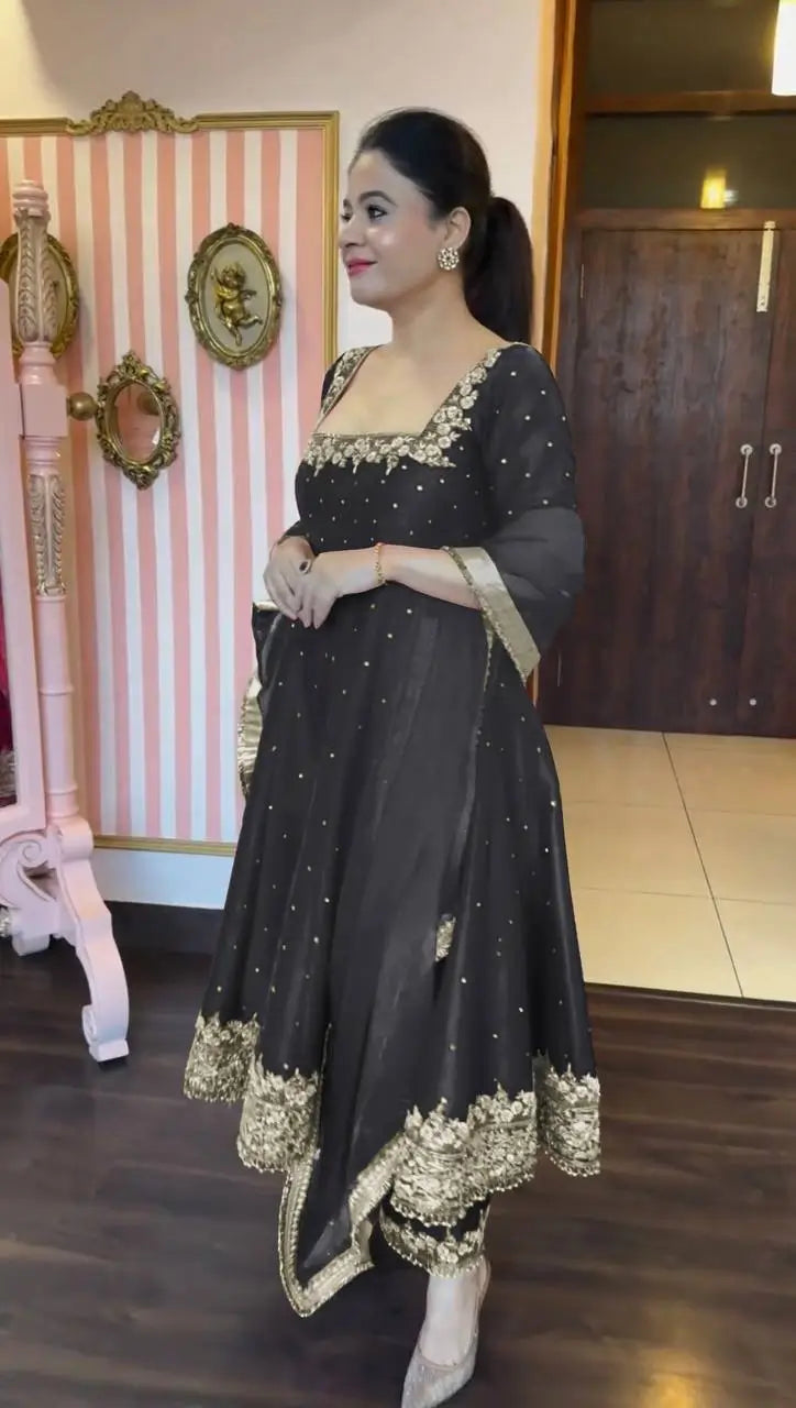 Heavy Vichitra Silk Embroidered Anarkali Gown with Palazzo & Dupatta – Festive Ethnic Wear