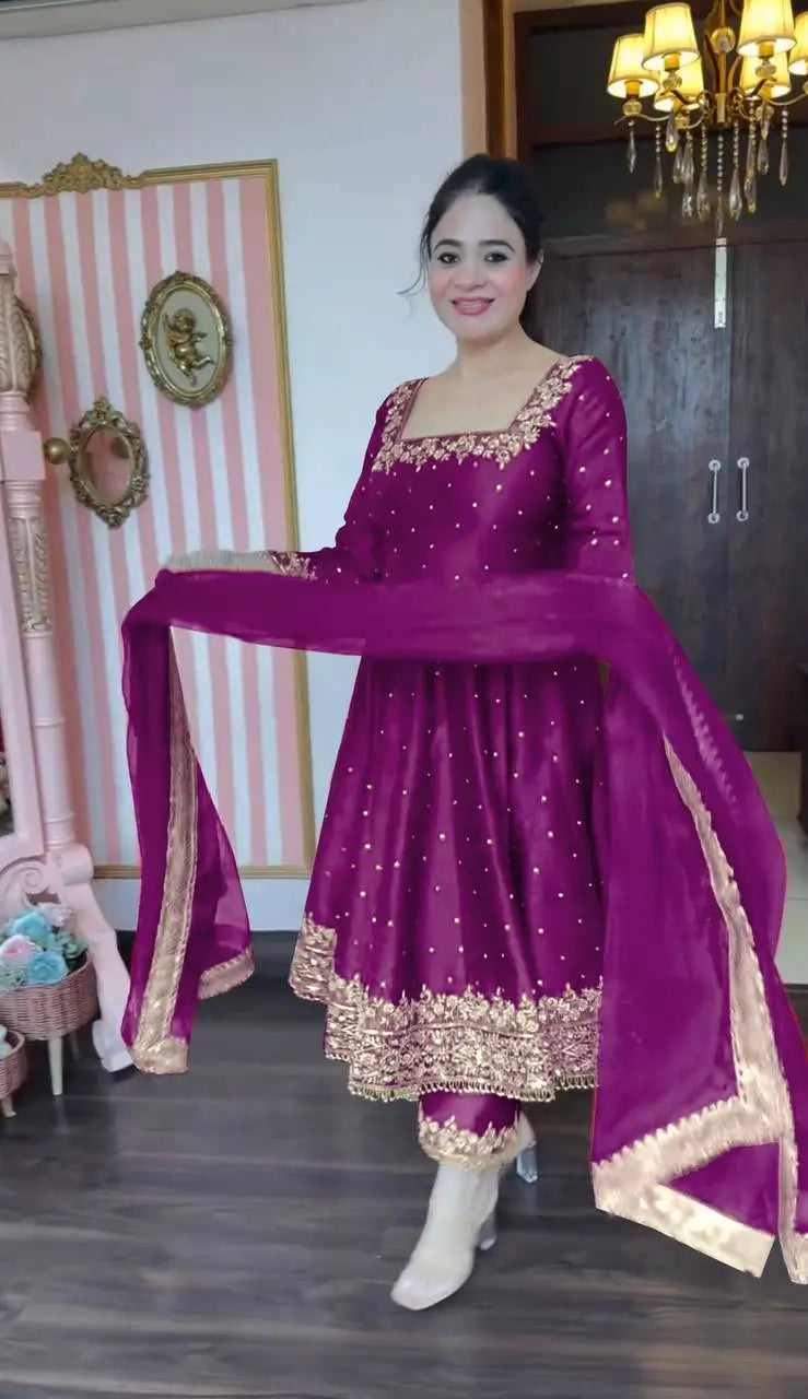 Heavy Vichitra Silk Embroidered Anarkali Gown with Palazzo & Dupatta – Festive Ethnic Wear