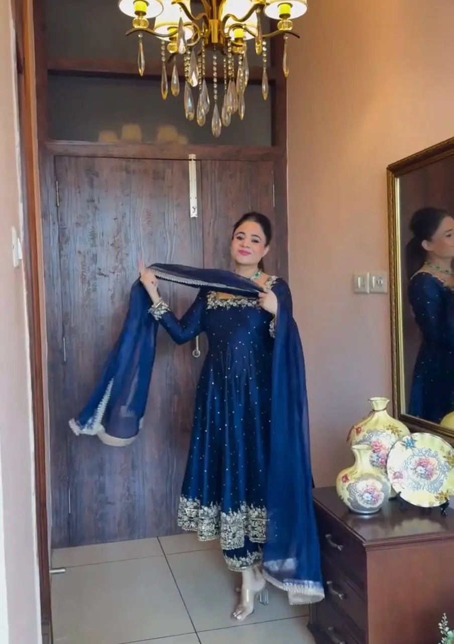 Heavy Vichitra Silk Embroidered Anarkali Gown with Palazzo & Dupatta – Festive Ethnic Wear