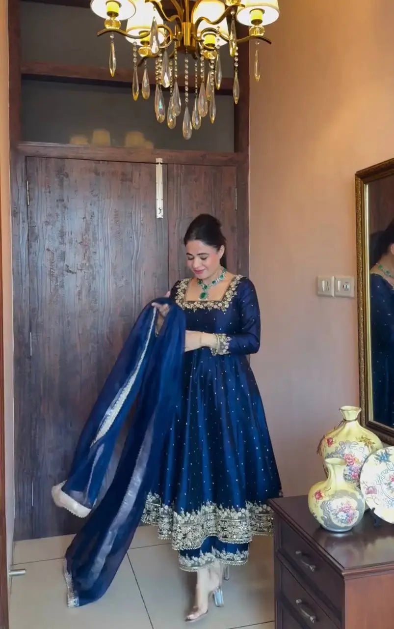 Heavy Vichitra Silk Embroidered Anarkali Gown with Palazzo & Dupatta – Festive Ethnic Wear