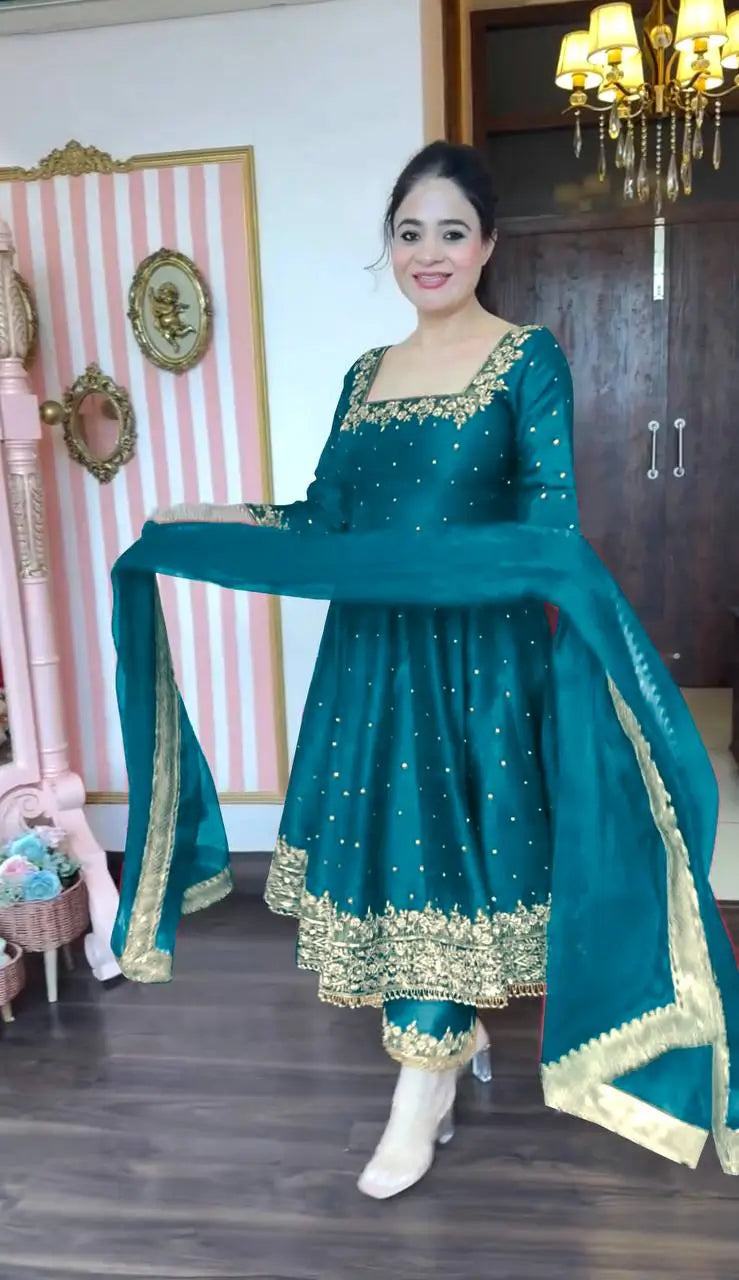 Heavy Vichitra Silk Embroidered Anarkali Gown with Palazzo & Dupatta – Festive Ethnic Wear