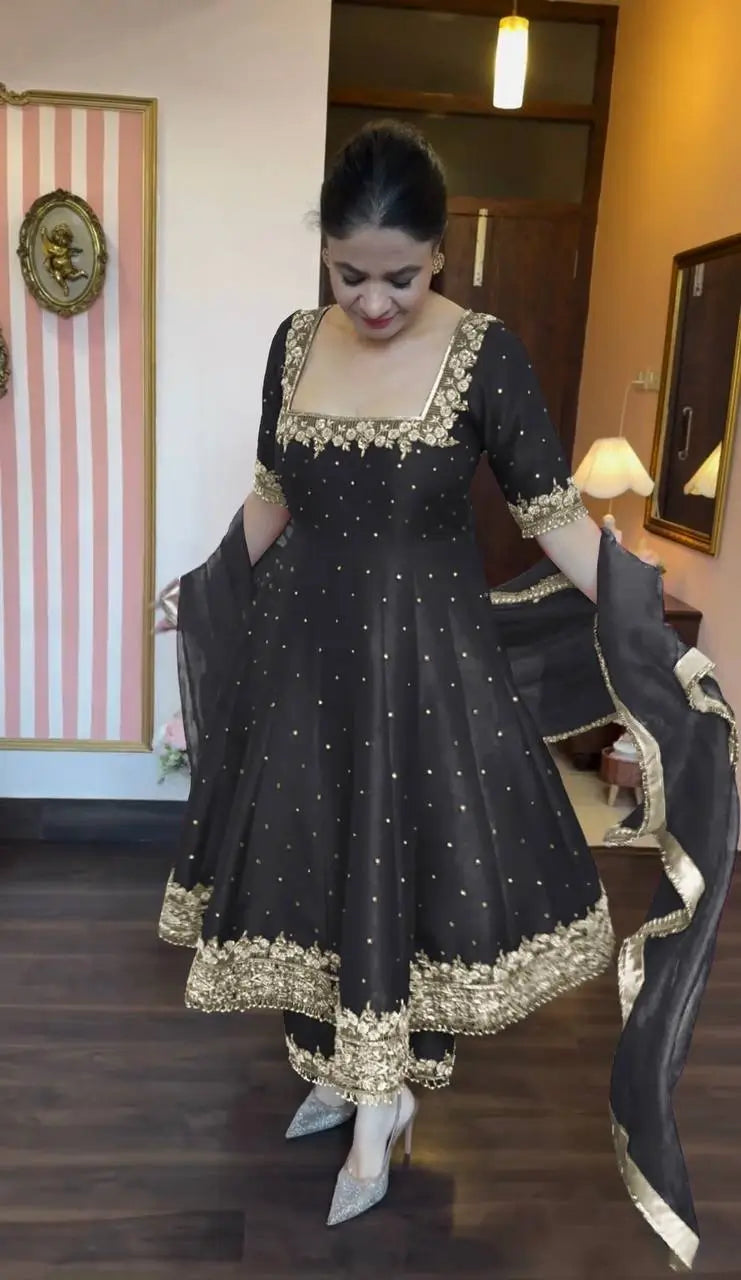 Heavy Vichitra Silk Embroidered Anarkali Gown with Palazzo & Dupatta – Festive Ethnic Wear