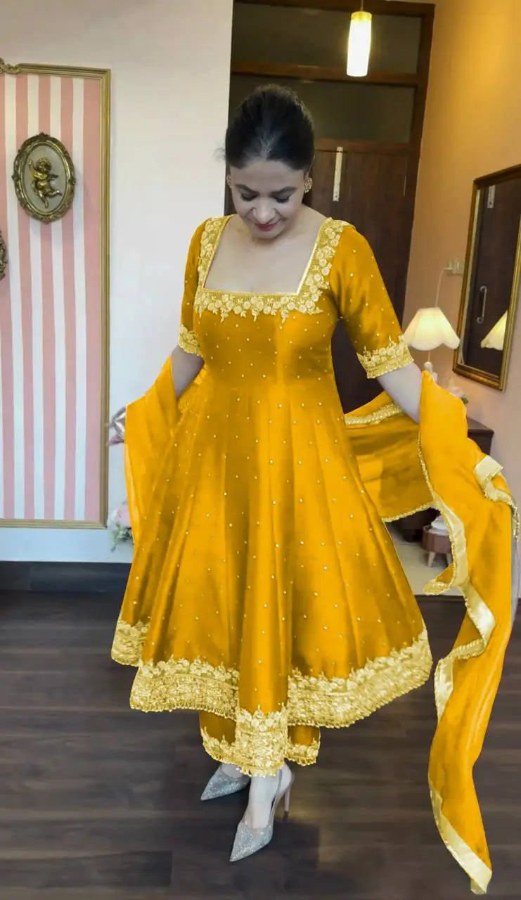 Heavy Vichitra Silk Embroidered Anarkali Gown with Palazzo & Dupatta – Festive Ethnic Wear