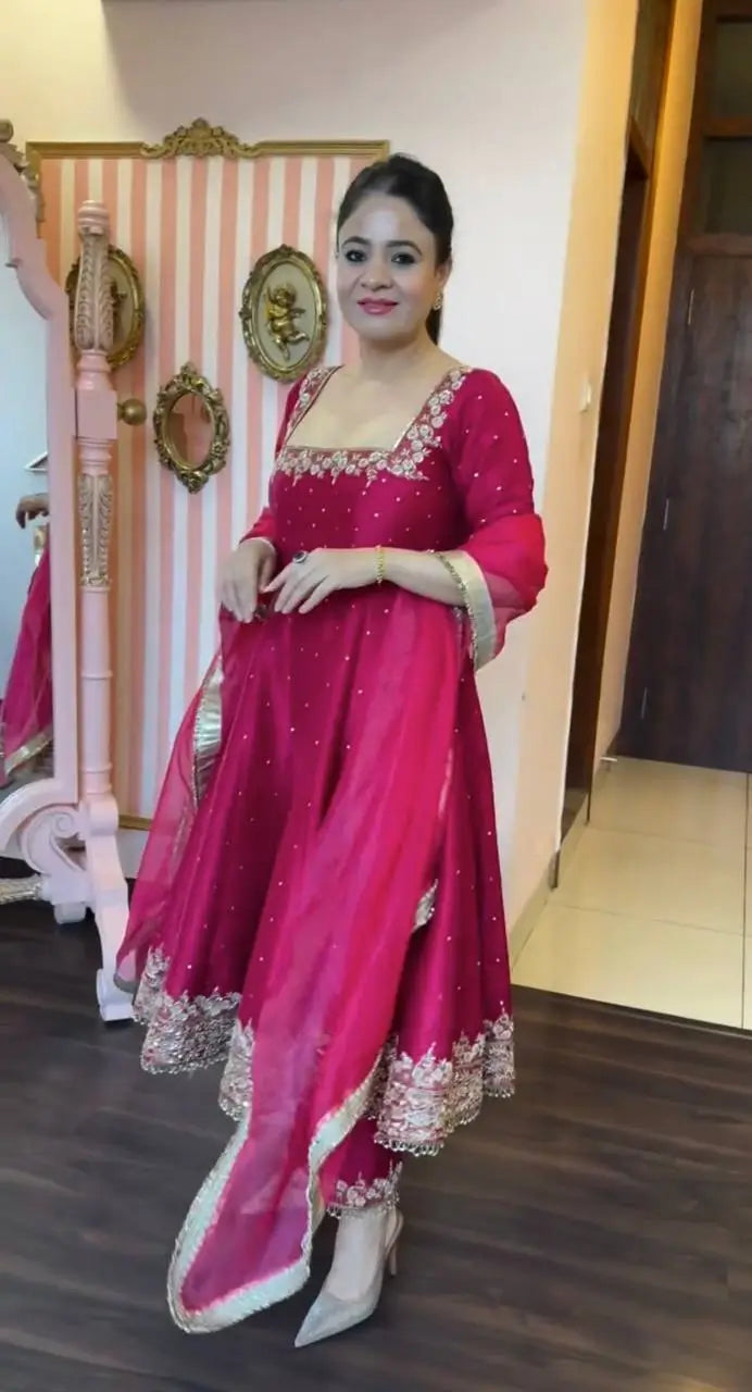 Heavy Vichitra Silk Embroidered Anarkali Gown with Palazzo & Dupatta – Festive Ethnic Wear
