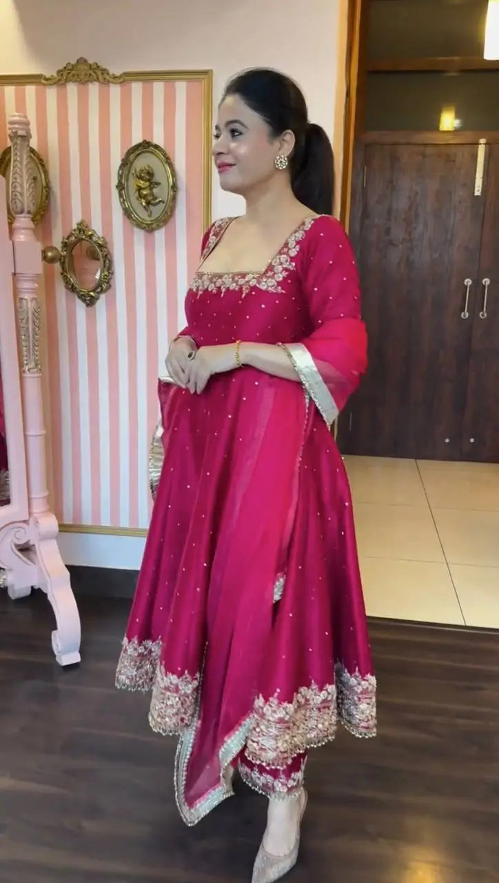 Heavy Vichitra Silk Embroidered Anarkali Gown with Palazzo & Dupatta – Festive Ethnic Wear