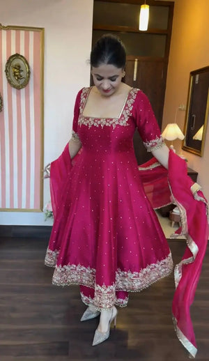 Heavy Vichitra Silk Embroidered Anarkali Gown with Palazzo & Dupatta – Festive Ethnic Wear