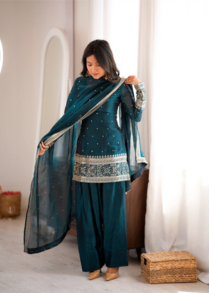 Purple Crinkle Silk Kurta Bell Bottom Set