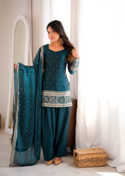 Purple Crinkle Silk Kurta Bell Bottom Set