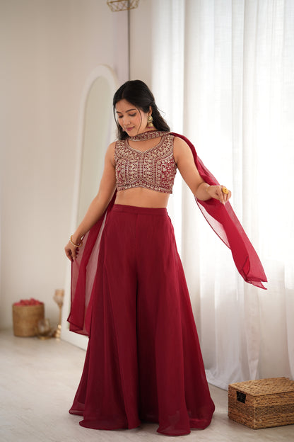 Maroon Embroidered Crop Palazzo