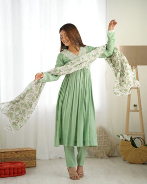 Roman Silk Chanderi Nyra Cut Kurta Set with Organza Floral Dupatta