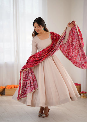Ivory Cotton Anarkali with Bandhani Dupatta