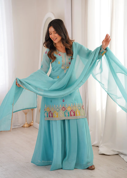 Premium Crunchy Silk Embroidered Sharara Set for Festive and Wedding Wear