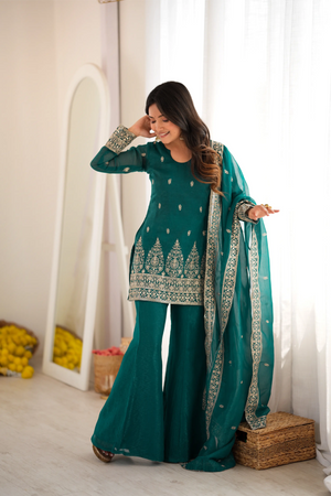 Burgundy Crinkle Silk Kurta Set with Bell Bottoms
