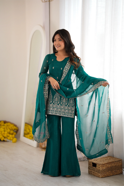 Burgundy Crinkle Silk Kurta Set with Bell Bottoms