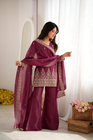 Burgundy Crinkle Silk Kurta Set with Bell Bottoms