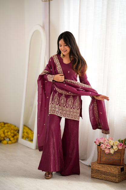 Burgundy Crinkle Silk Kurta Set with Bell Bottoms