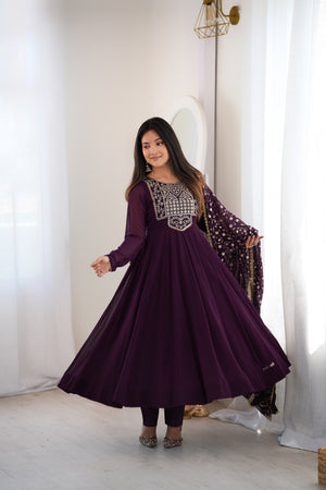 Wine Georgette Anarkali Suit with Dupatta
