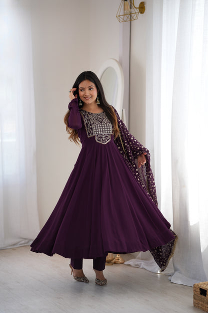 Wine Georgette Anarkali Suit with Dupatta