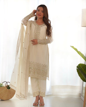 Pure Chinon Silk Embroidered Suit Set with Sequin Dupatta