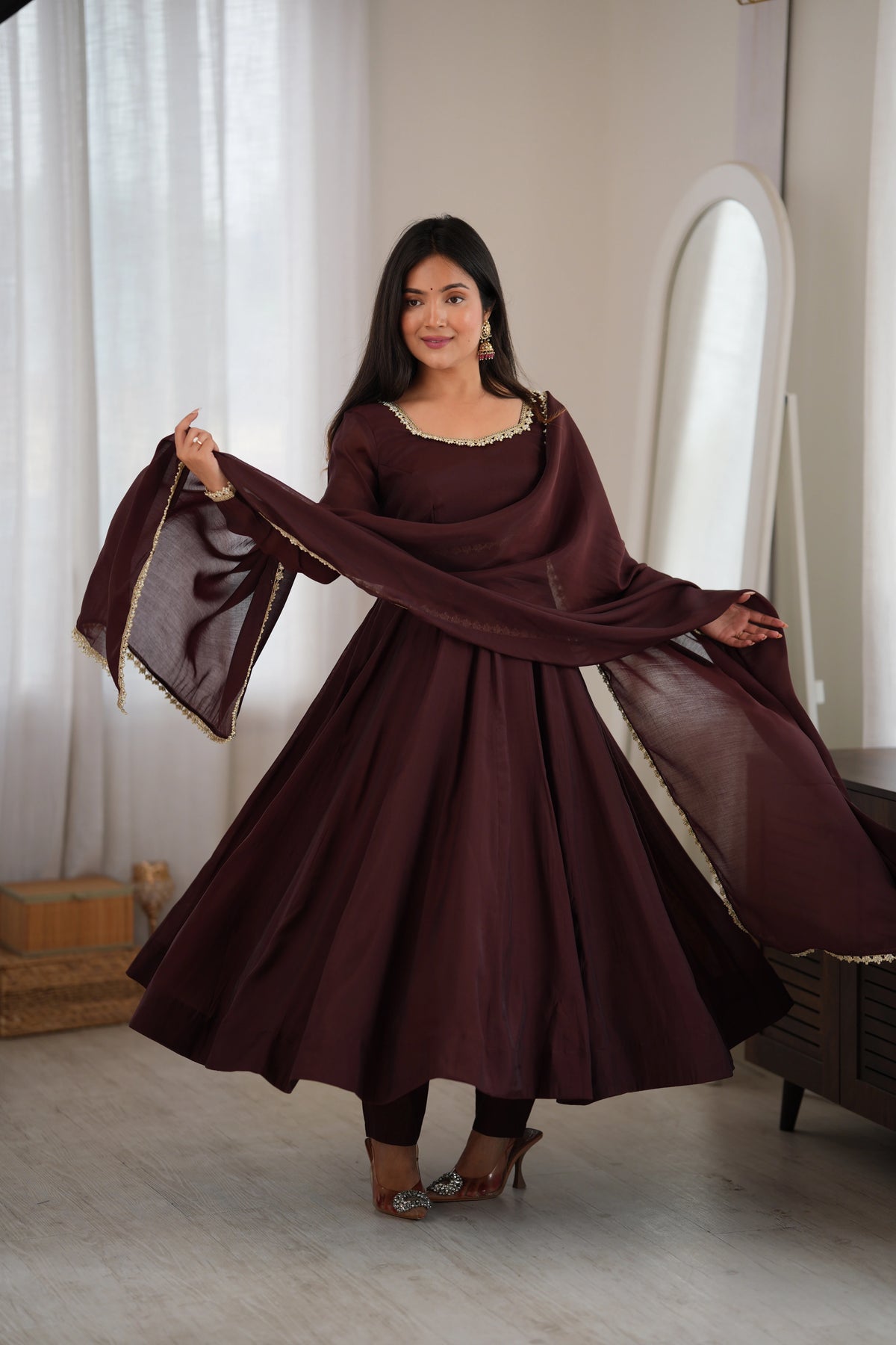 Maroon Mirror-Work Anarkali Gown