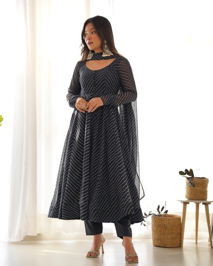 Fox Georgette Laheriya Print Anarkali Set with Lace Dupatta