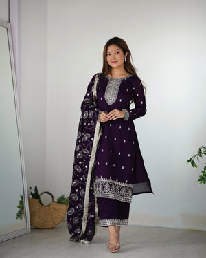 Blooming Rangoli Silk Embroidered Suit Set with Vichitra Silk Dupatta