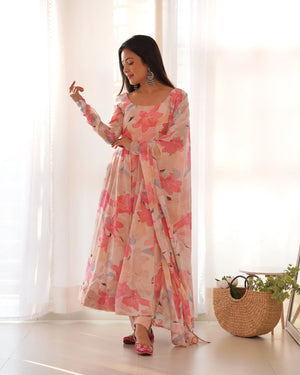Fox Georgette Multi-Floral Anarkali Set with Triangle Lace Dupatta