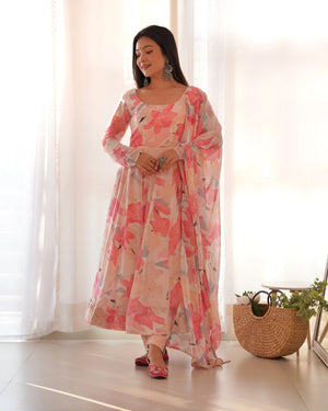 Fox Georgette Multi-Floral Anarkali Set with Triangle Lace Dupatta