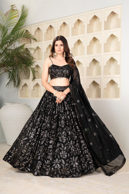 Black Sequin Floral Lehenga Set