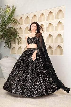 Black Sequin Floral Lehenga Set