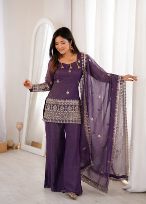 Purple Crinkle Silk Kurta Bell Bottom Set