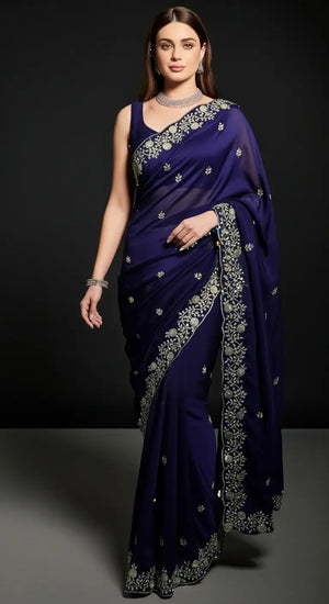 Crimson Red Fandy Satin Silk Sequins Embroidered Saree for Wedding & Festive Wear